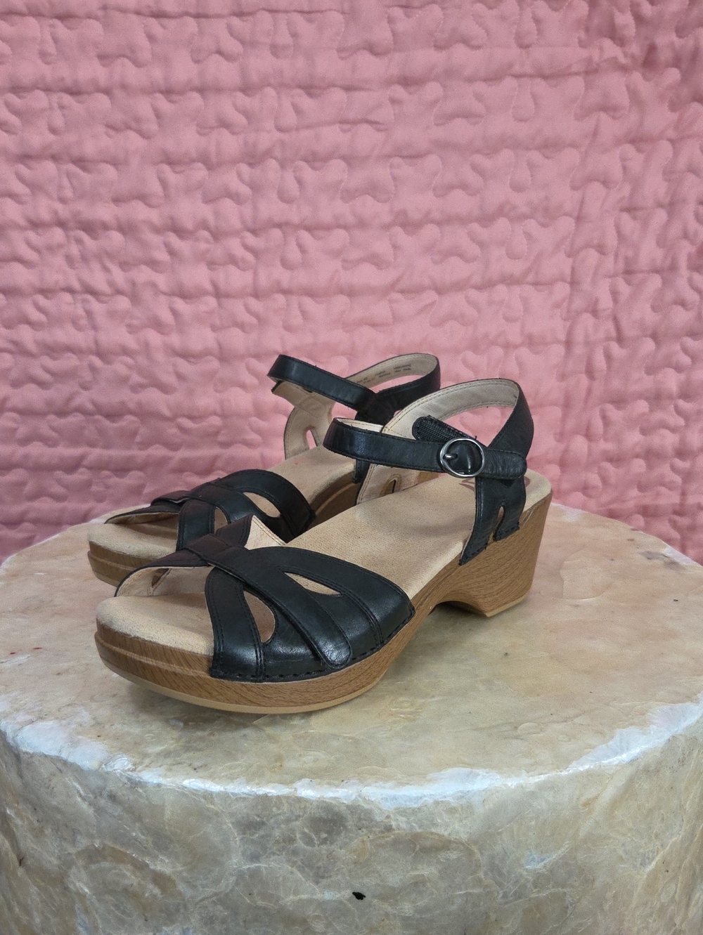 Dansko Black Leather Wedge Sandals